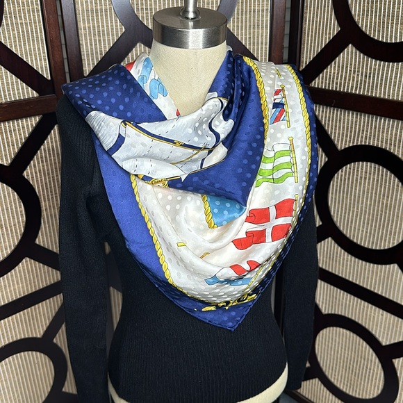 Magnificent Scarf 100% Silk Navy Blue Border and Cream/red/gold nautical print. - Picture 1 of 6
